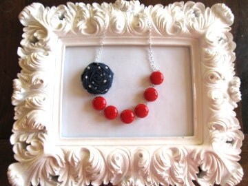 Navy red and white fabric flower necklace