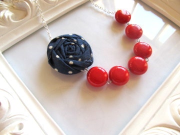 Navy red and white fabric flower necklace