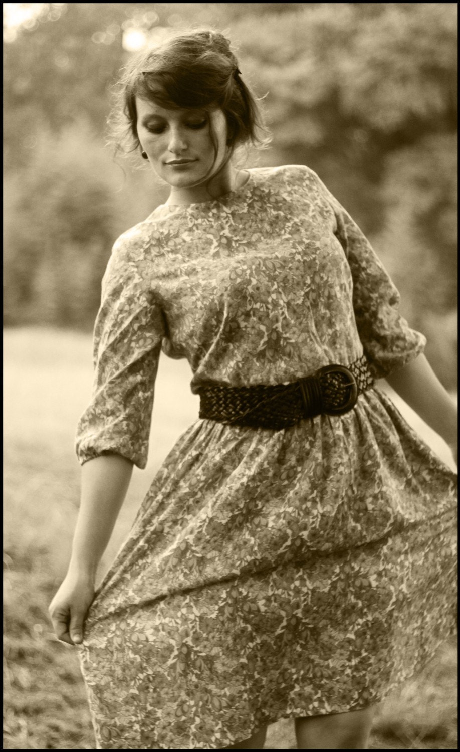 V i n t a g e - 1940s Small Medium - Jersey Neck  - Handmade Floral Vintage Dress - Bohemian Prairie Woodland Folk Anthropologie