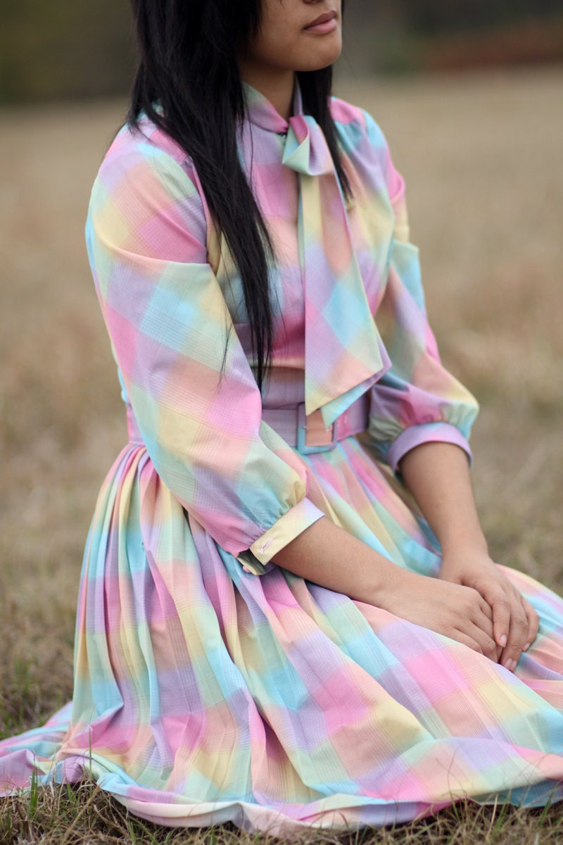 Vintage 1970 Small Medium - Easter Pastel Rainbow Checkered - Accordion Pleated A-line Day Dress - Anthropologie Boho Folk