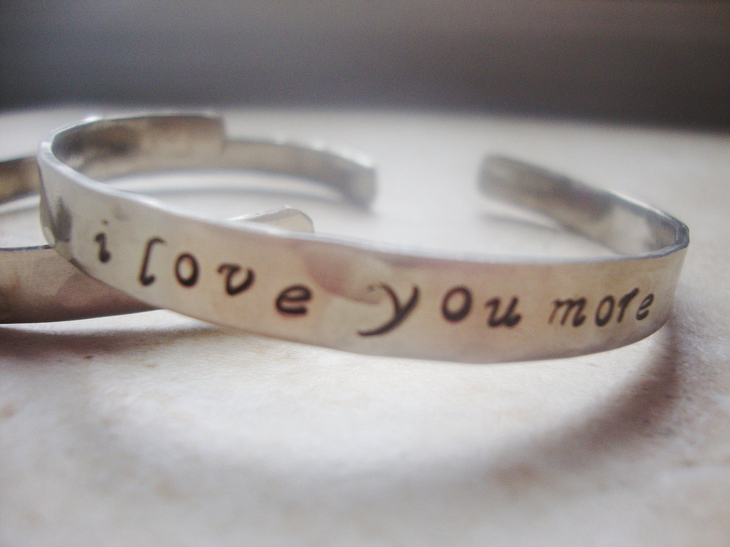 I love you more handstamped nickel silver hammered cuff bracelet