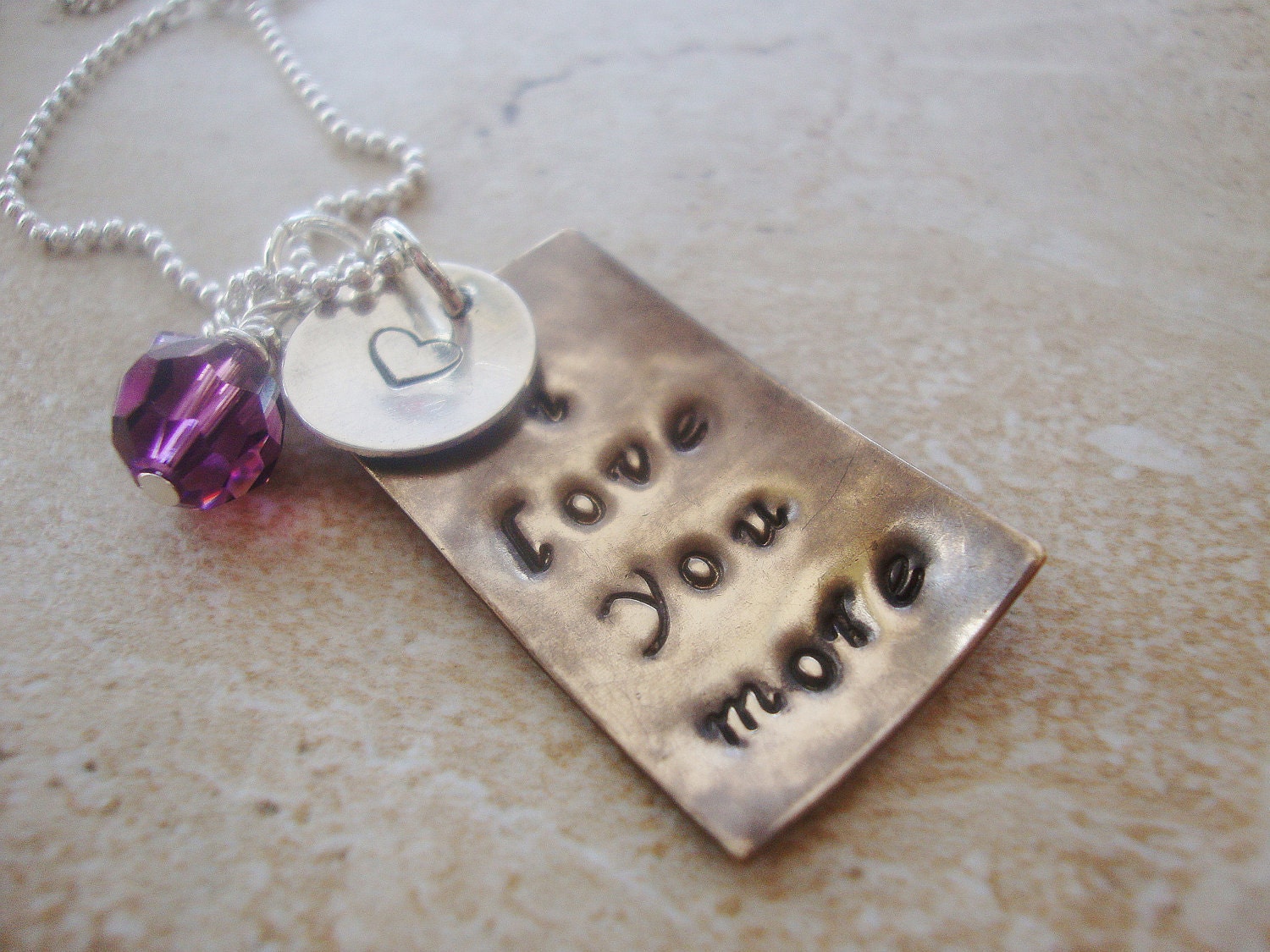 Antiquedbrass i love you more handstamped necklace with amethyst swarovski crystal and sterling silver disc - Lolasjewels Antiquedbrass i love you more handstamped necklace with amethyst swarovski crystal and sterling silver disc - Lolasjewels