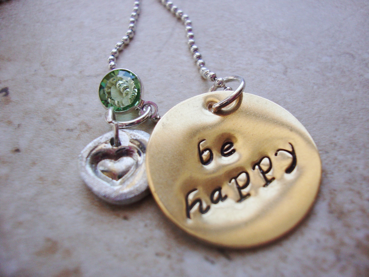 Be happy brass handstamped necklace with handmade heart charm and swarovski crystal charm