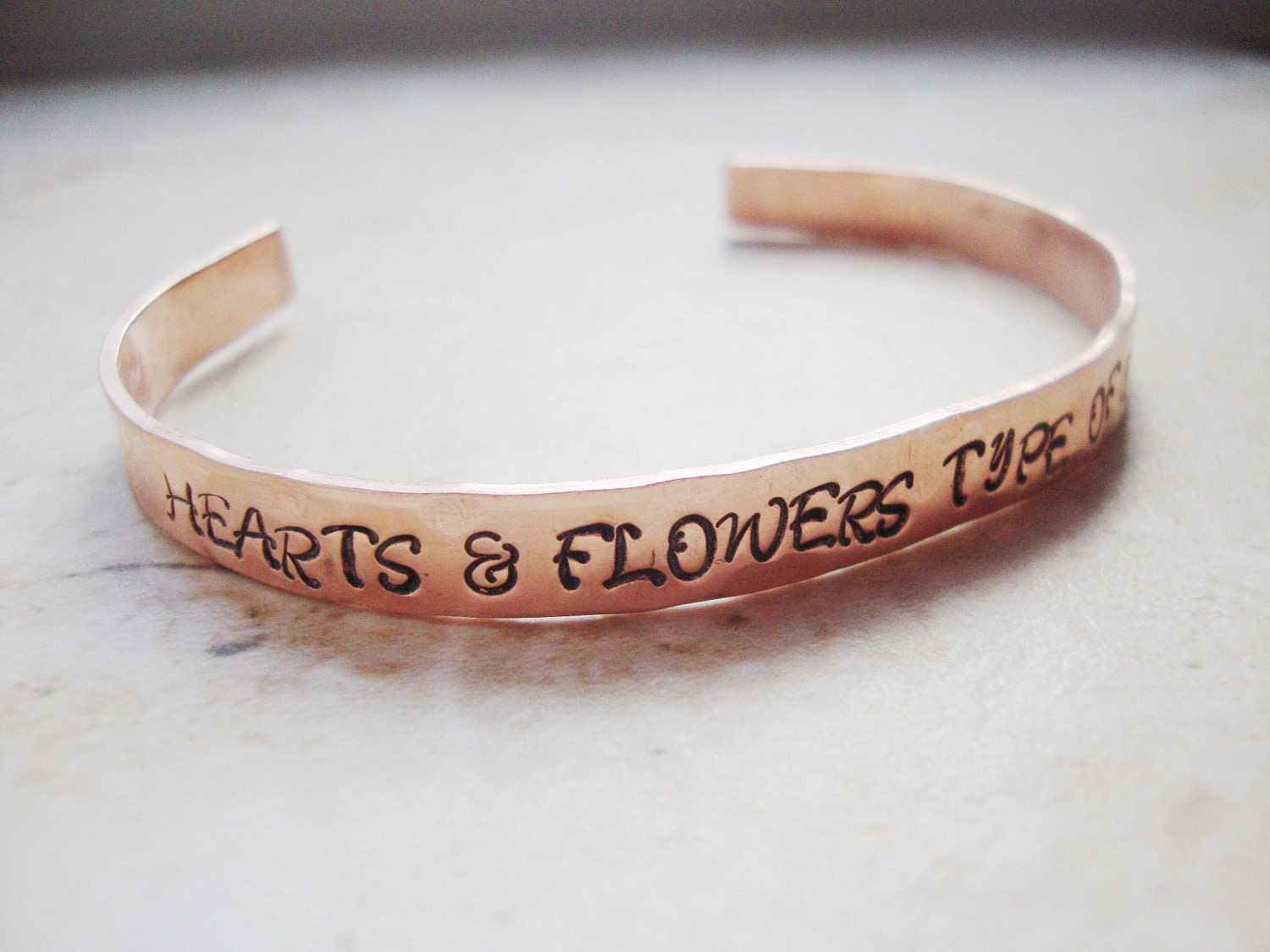 Hearts and flowers type of girl handstamped copper hammered cuff inspired by fifty shades of grey