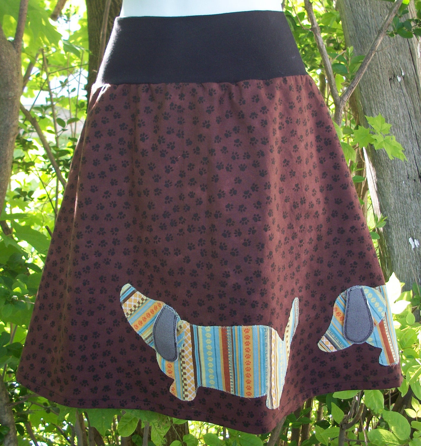 Paw Print Dachshund Skirt in Brown with Appliques - Wide Stretch Waistband - 27 to 34