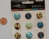 Fabric Covered Brads  Set of 9 Blue Brown Yellow