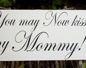 Wedding Signs, Photo Prop here comes my Mommy, Script, White with Black Lettering, Wood hanging sign for your ring bearer or flower girl