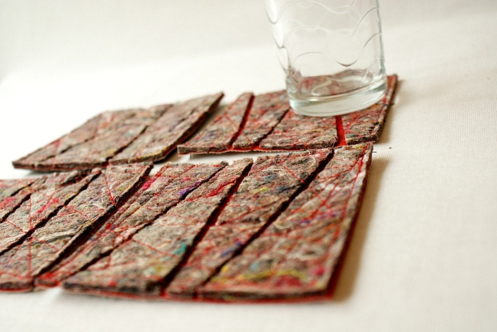 Contemporary felted patchwork coasters with red eco leather set of 4 ecofriendly felted made from upcycled clothing Made to order