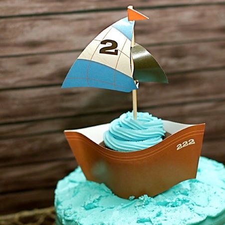 Cupcake Wrapper (Boat) from the Vintage Fishing DIY Printable Collection by Spaceships and Laser Beams