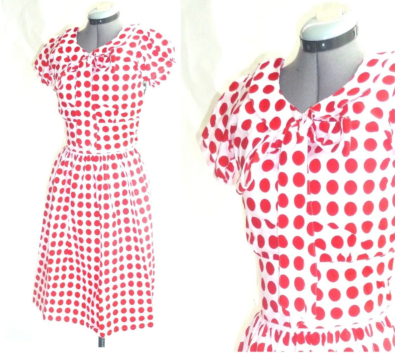 White 50's style polkadot dress with neck ties in a size XL Ready to Ship