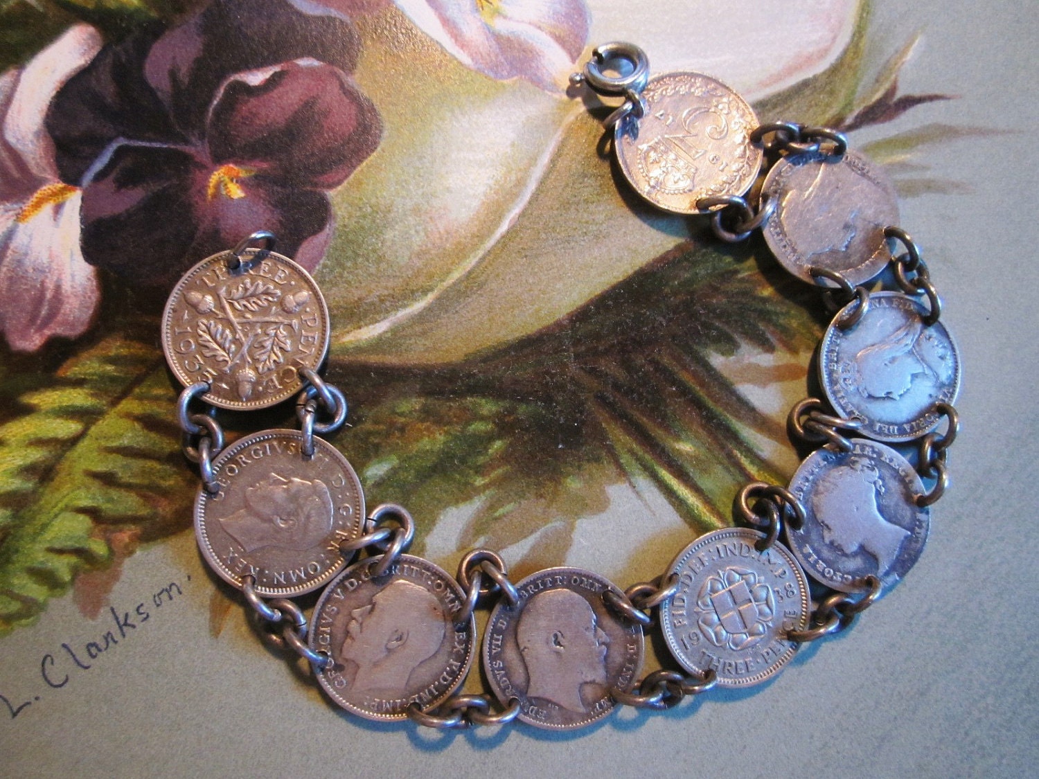 1930s British 3 Pence Coin Charm Bracelet 12 Silver Coins