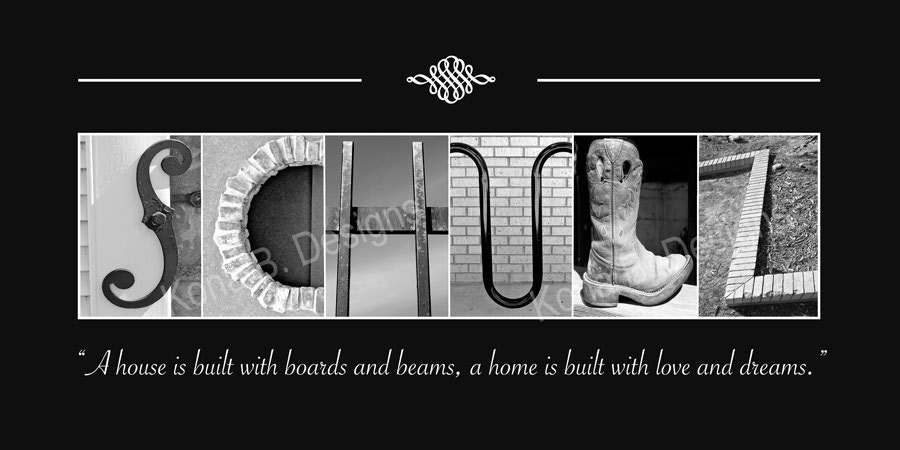 Personalized Family Name - Alphabet Letter Photography -  Black and White Print- 10x20 Unframed