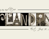 Custom Wedding Print - Alphabet Photography Name Frame  in Sepia Photo Letters 10x20 Print (unframed)