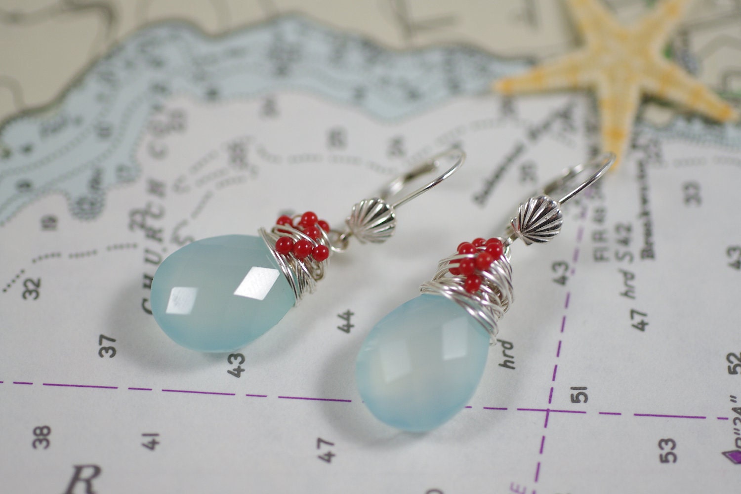 Aqua Chalcedony and Coral Wirewrapped Sterling Silver Earrings - Aqua Blue and Coral
