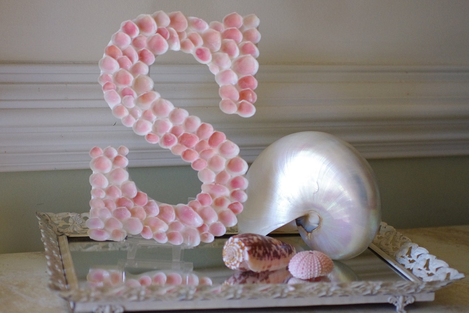 Beach Decor  Pink Rose Cup Seashell Monogram