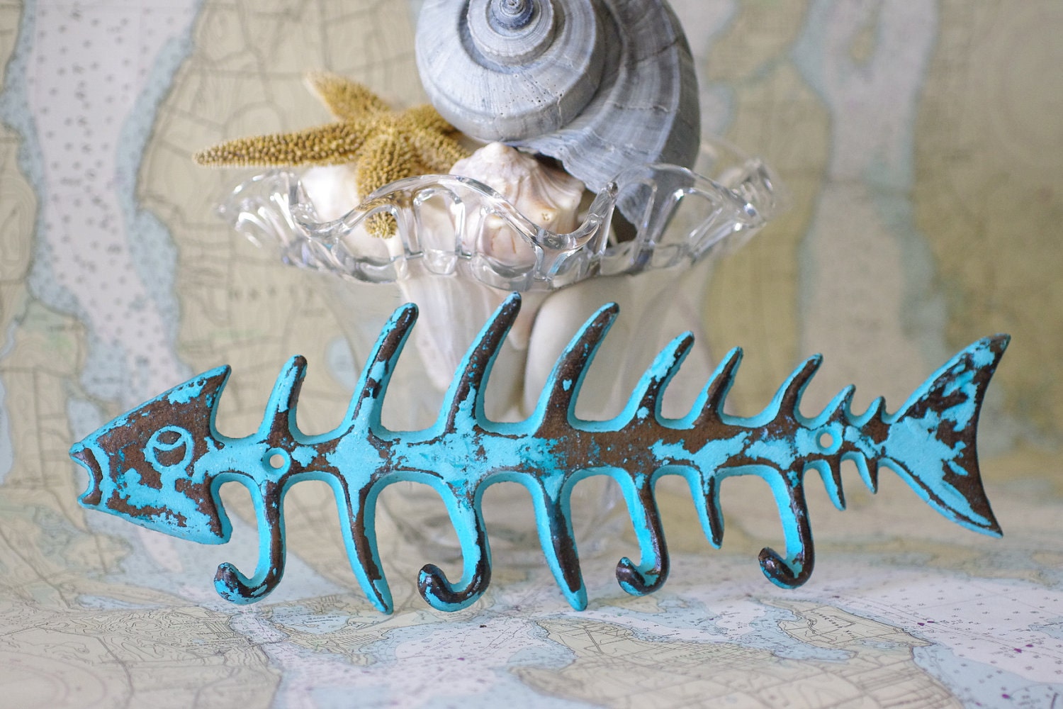 Cast Iron Bone Fish Wall Hook - Blue/Green Patina