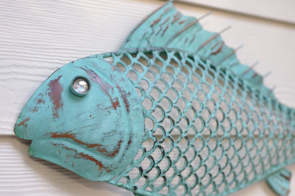 Beach Wall Decor Metal Fish - Blue Green Patina