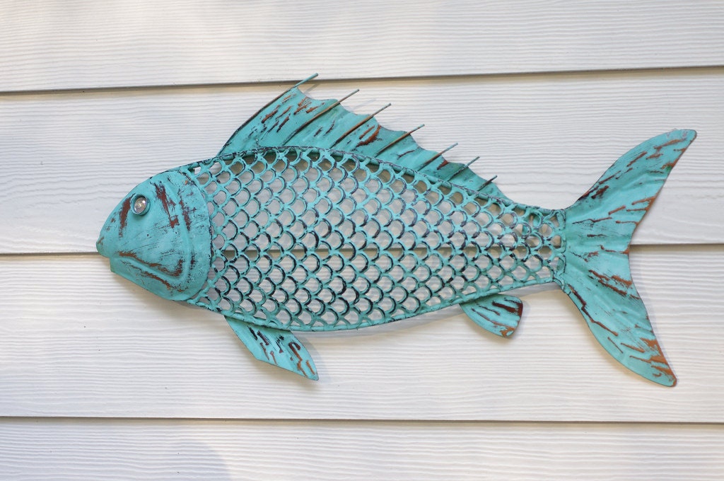 Beach Wall Decor Metal Fish - Blue Green Patina