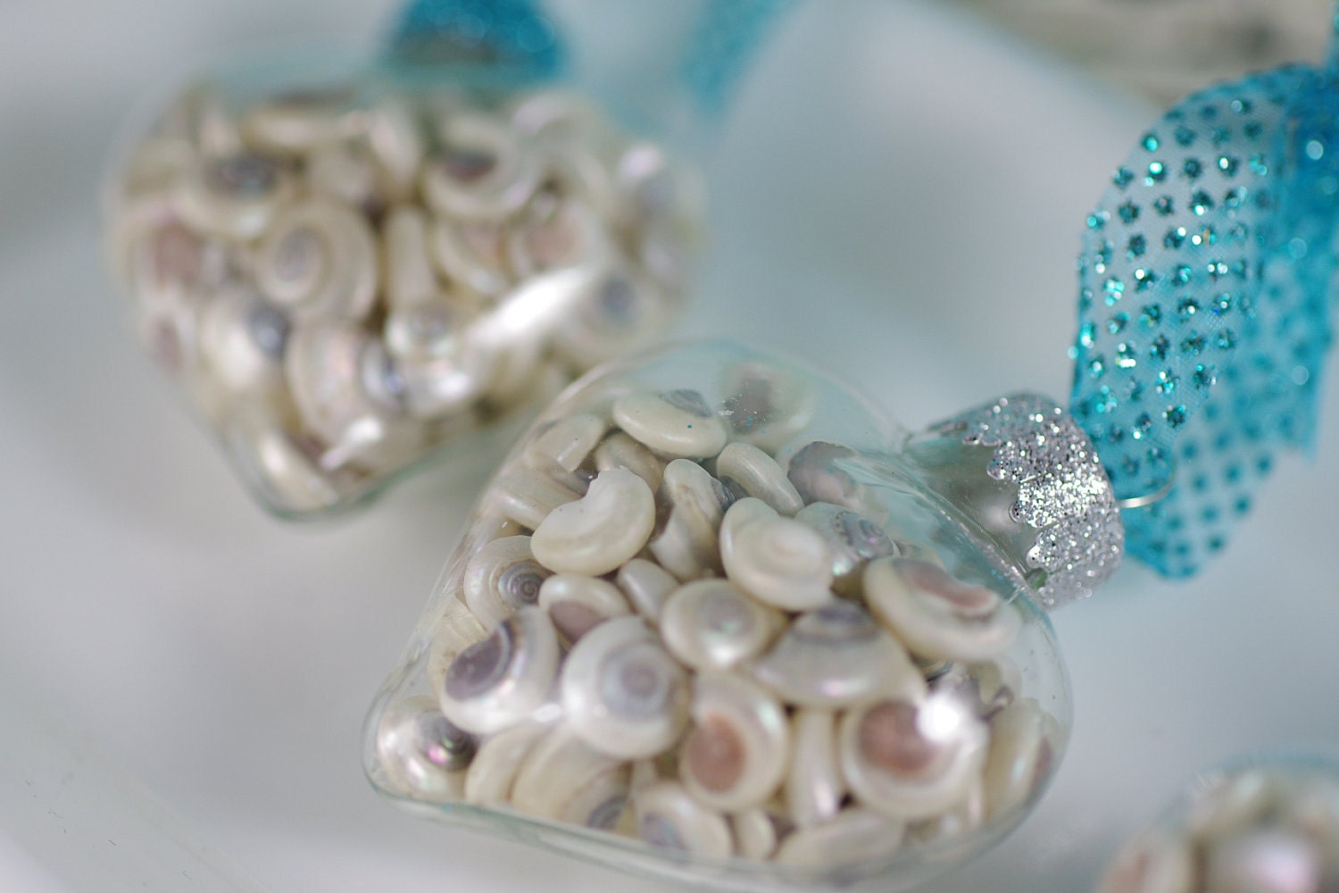 Beach Decor Seashell Heart Ornaments - Set of 3 Glass Heart Shape Ornaments