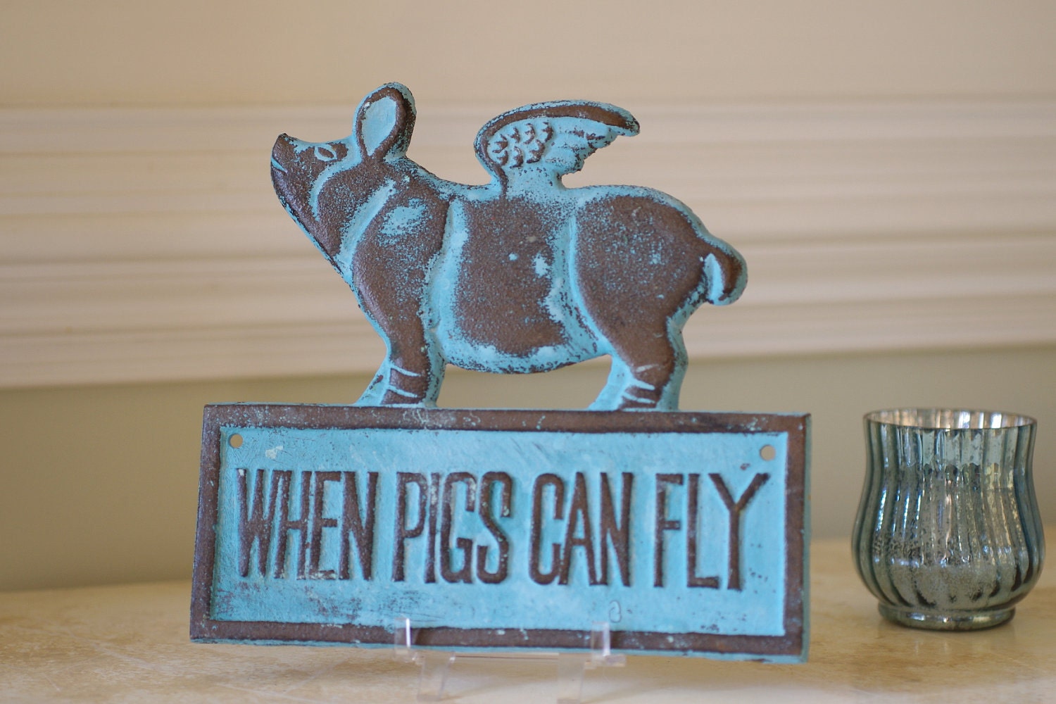Flying Pig Sign - Cast Iron - When Pigs Can Fly - Weathered Blue Patina