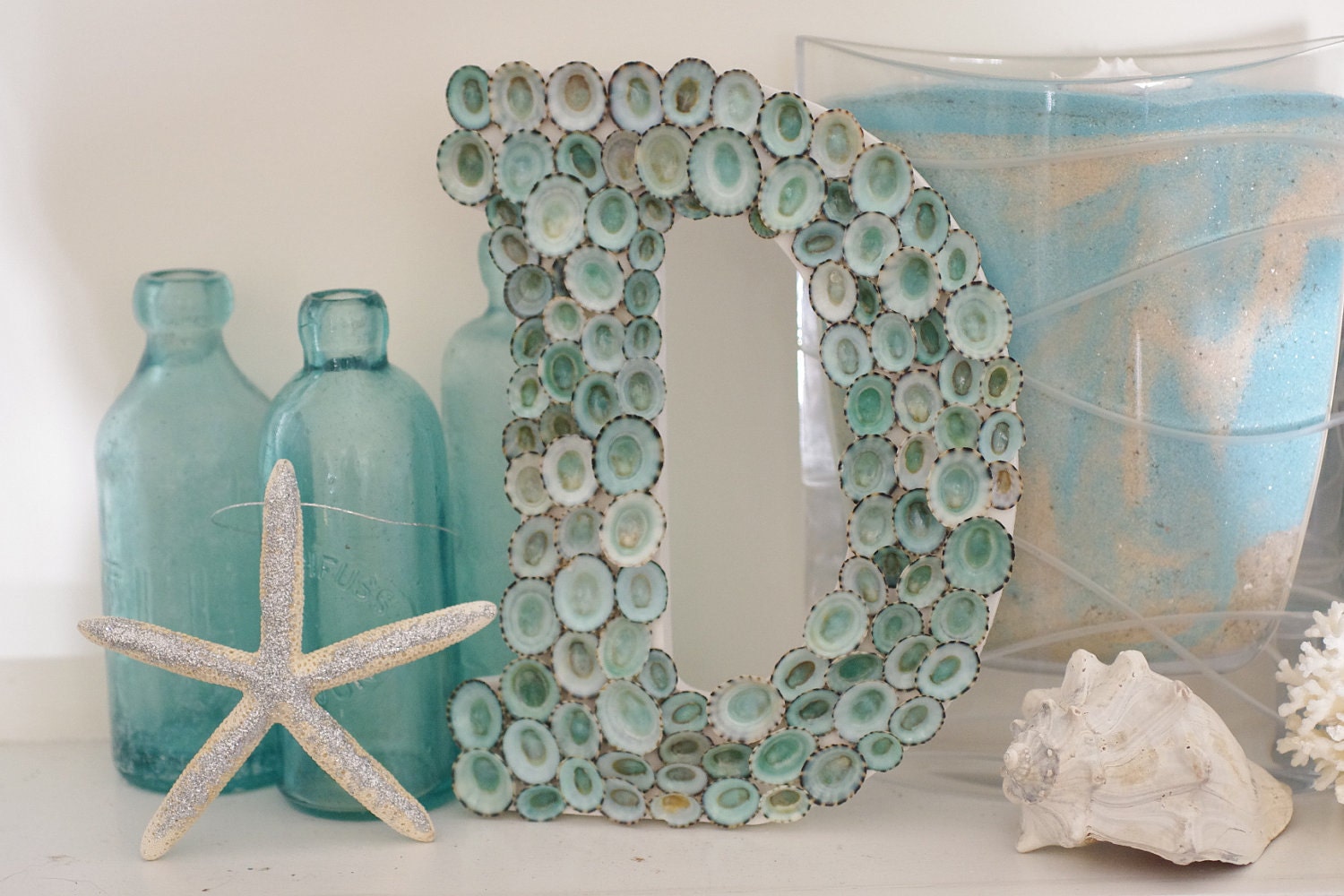 Beach Cottage Seashell Decor Limpet Shell Sign Letter Monogram - Aqua
