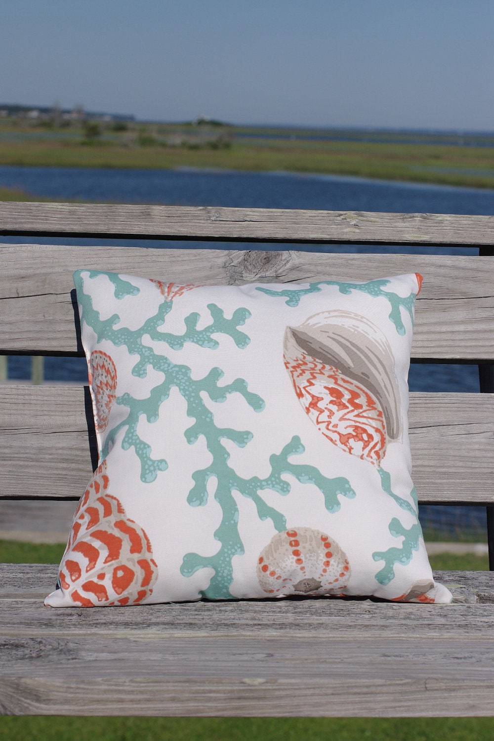 Beach Decor Coral and Seashell Pillow - 18x18 - Sea Foam and Coral
