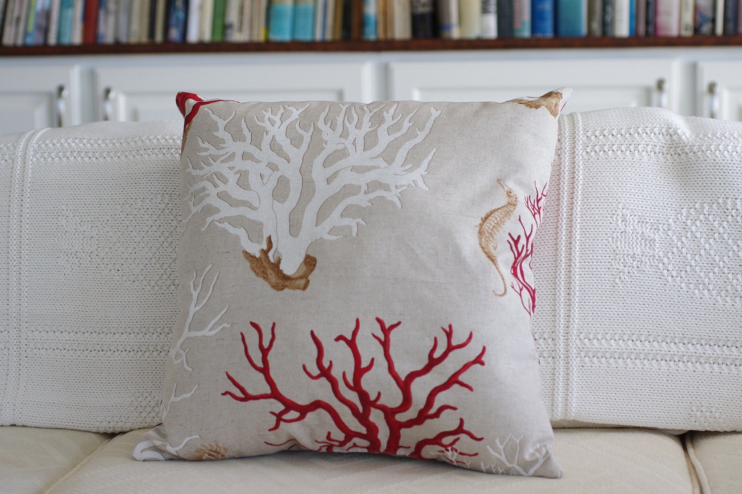 Beach Decor Coral Sea Fan and Sea Horse Linen 18x18 Throw Pillow - Red, Tan and White