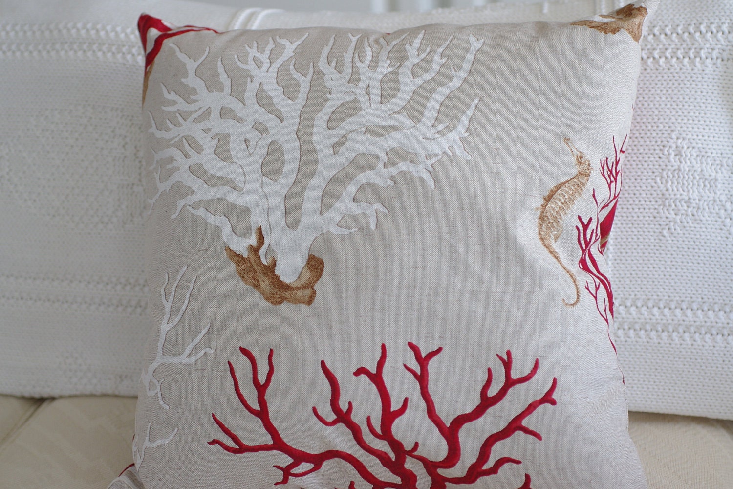 Beach Decor Coral Sea Fan and Sea Horse Linen 18x18 Throw Pillow - Red, Tan and White