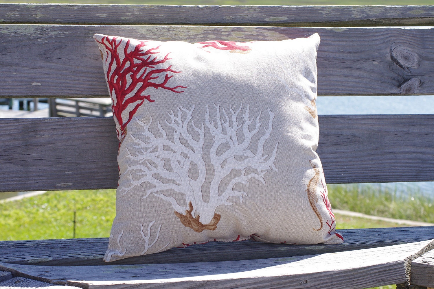 Beach Decor Coral Sea Fan and Sea Horse Linen 18x18 Throw Pillow - Red, Tan and White