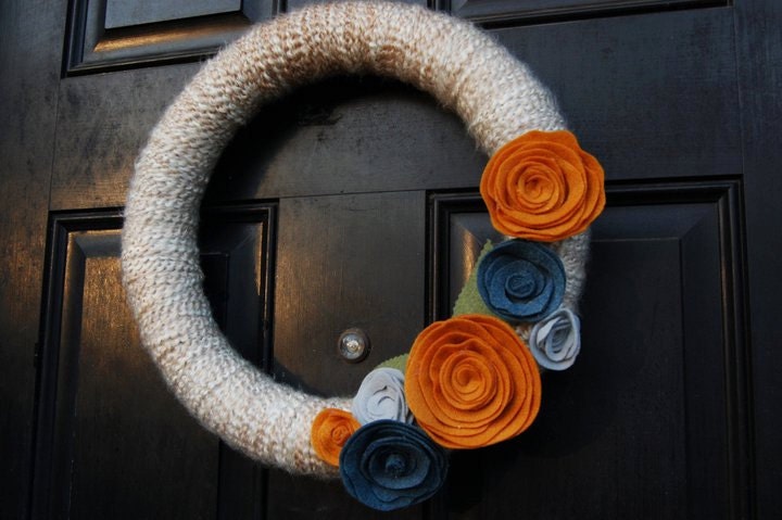 Varigated mohair yarn wreath with felt flowers