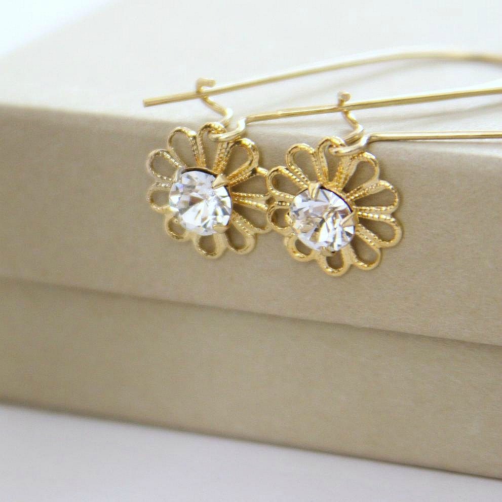 Swarovski Crystal Flower Filigree Earrings Gold Charm Clear