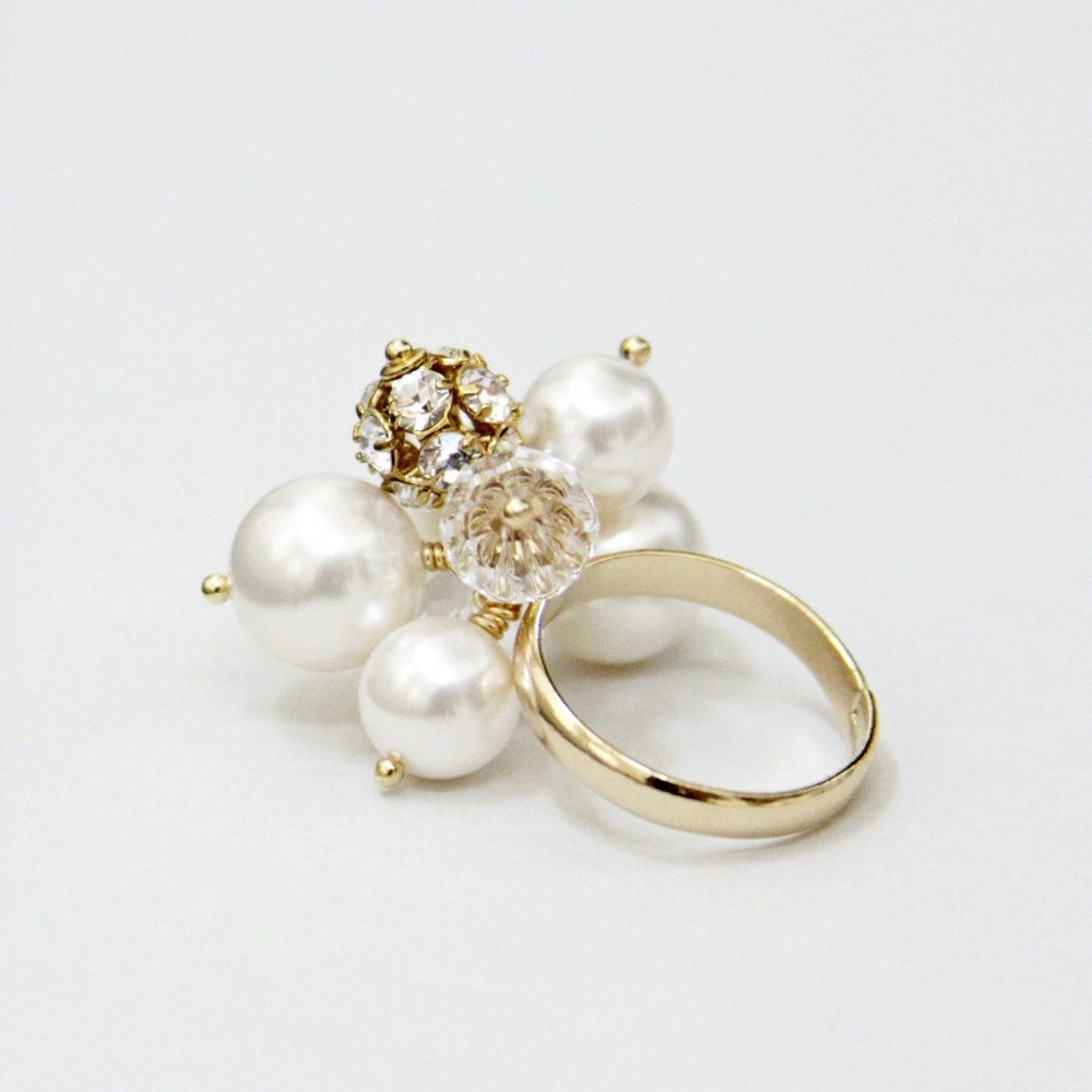 Swarovski Pearl Cluster Ring Gold Adjustable Size White Pearls & Crystal Fireballs. Custom Color