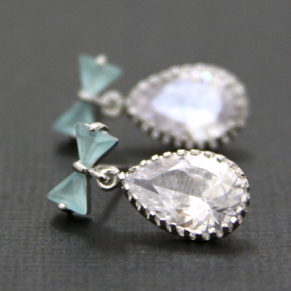 Breakfast at Tiffany's. Blue Opal Bow Post Earrings with Clear Teardrop Cubic Zirconia Silver