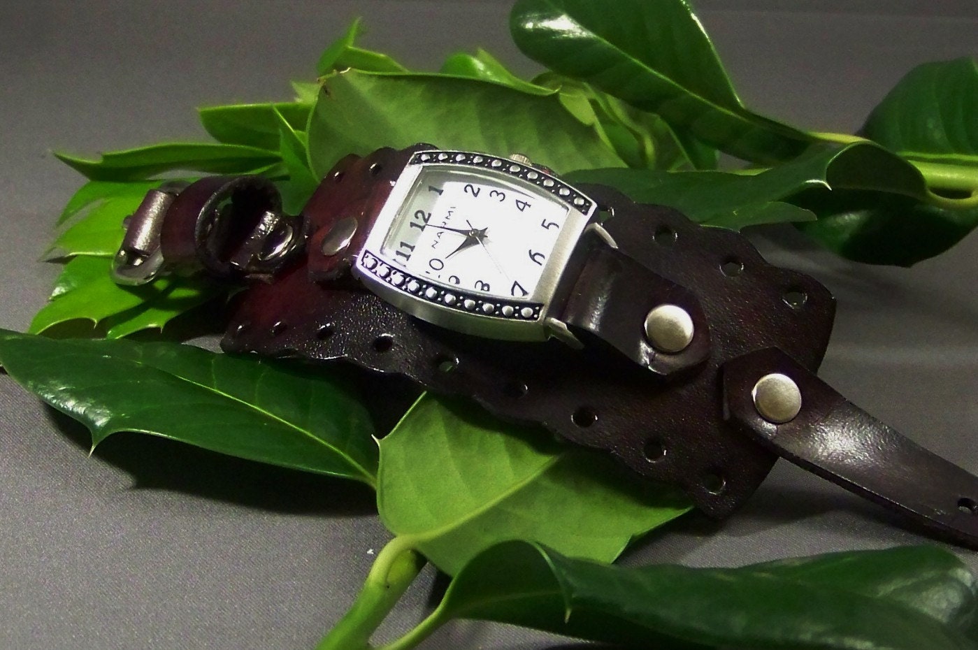 Leather Watch (Burgundy Dots)