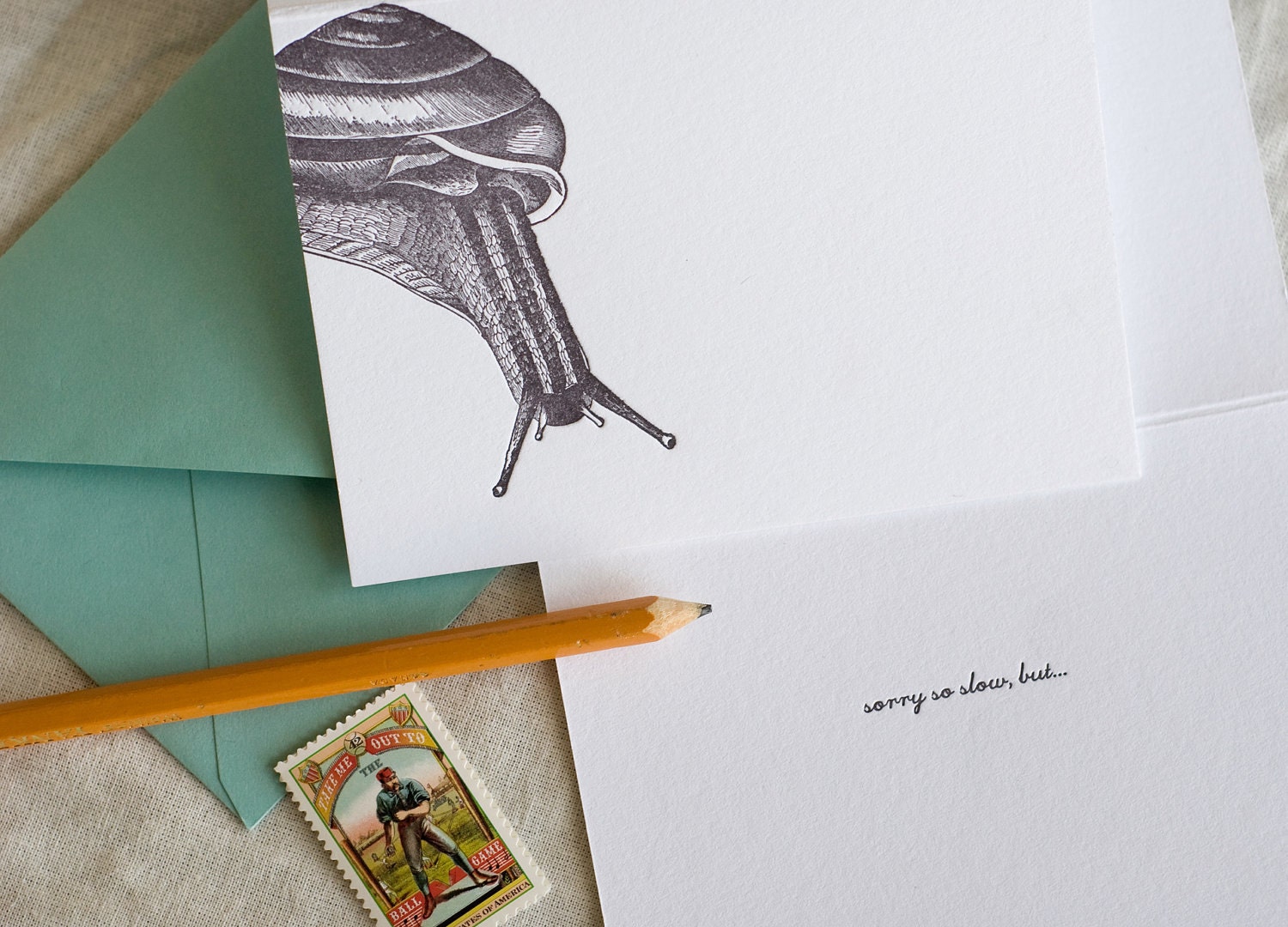 Sorry So Slow, But... (an all-belated-occasion letterpress greeting in a single card & envelope)