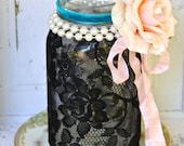 Vintage Shabby Chic Ball Quart Mason Jar With Black Lace Vintage Pink Rose Pearls Ribbon Vase Candle Holder