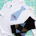 Children's Clothing Mother's Day Spring Baby Boy Plaid Monogrammed Personalized Tie Onesie & Leg Warmers SET. Blue and Brown Gingham Argyle
