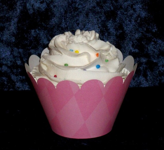 Pink Diamond Cupcake wrappers ... Carnation Argyle Holder Wrap ...12 count ... Baby Pink Pastel Pink Stripes READY TO SHIP Il_570xn