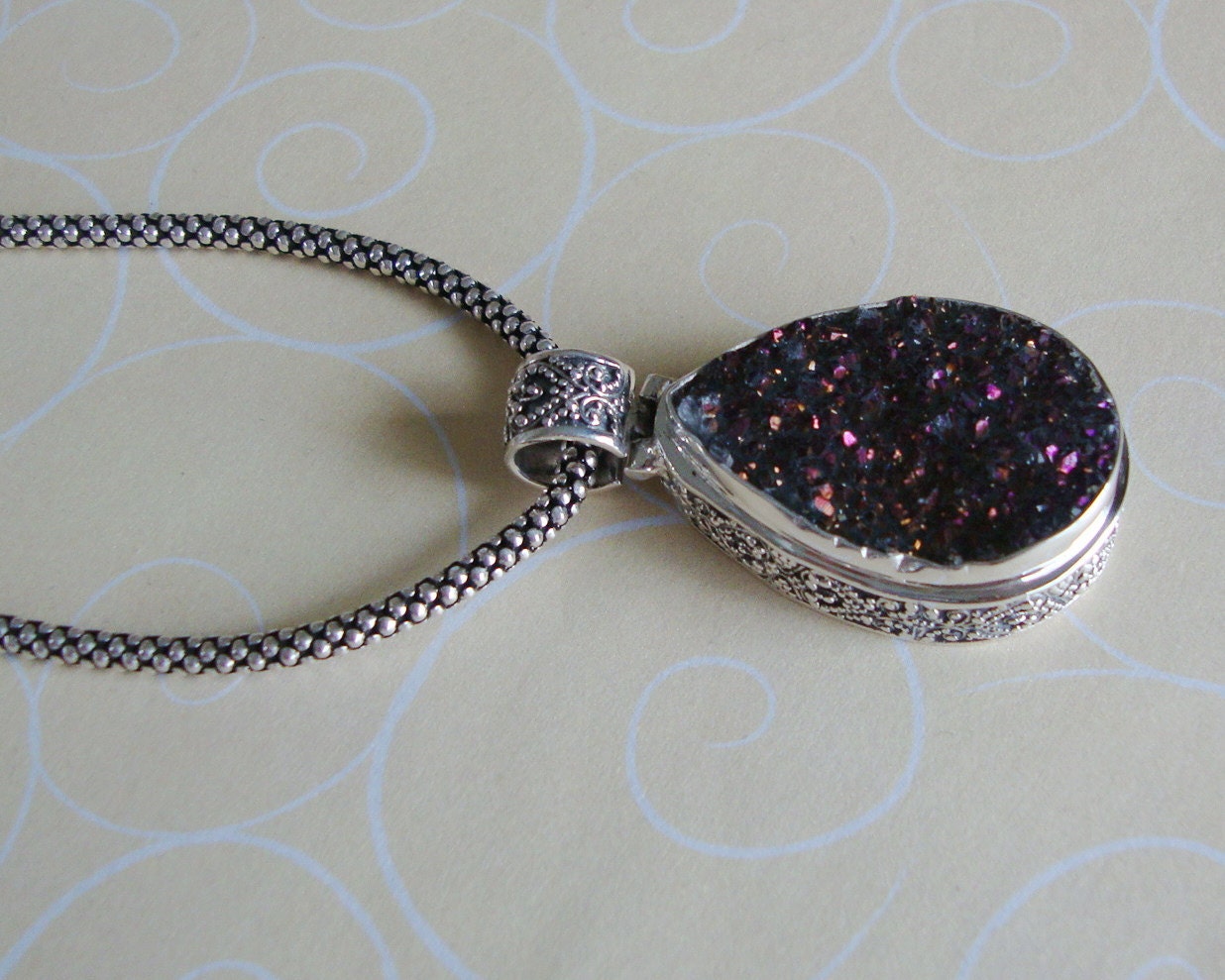 Stunning Druzy mystic quartz stone pendant inlaid in 925 Bali silver Statement necklace, Graduation gift