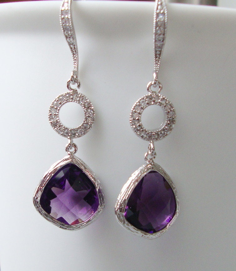 Purple Dangle Earrings Wedding Jewelry Amethyst Glass And Swarovski Cubic Zirconia Dangle From 0996