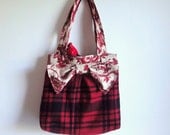 Upcycled Purse with Bow, Red Floral and Tartan Tote, Eco-friendly Wool Shoulder Bag