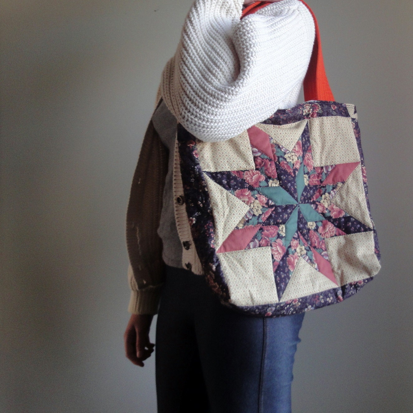 Upcycled Tote, Vintage Quilt Top Bag, Hand Quilted Eco-friendly Purse