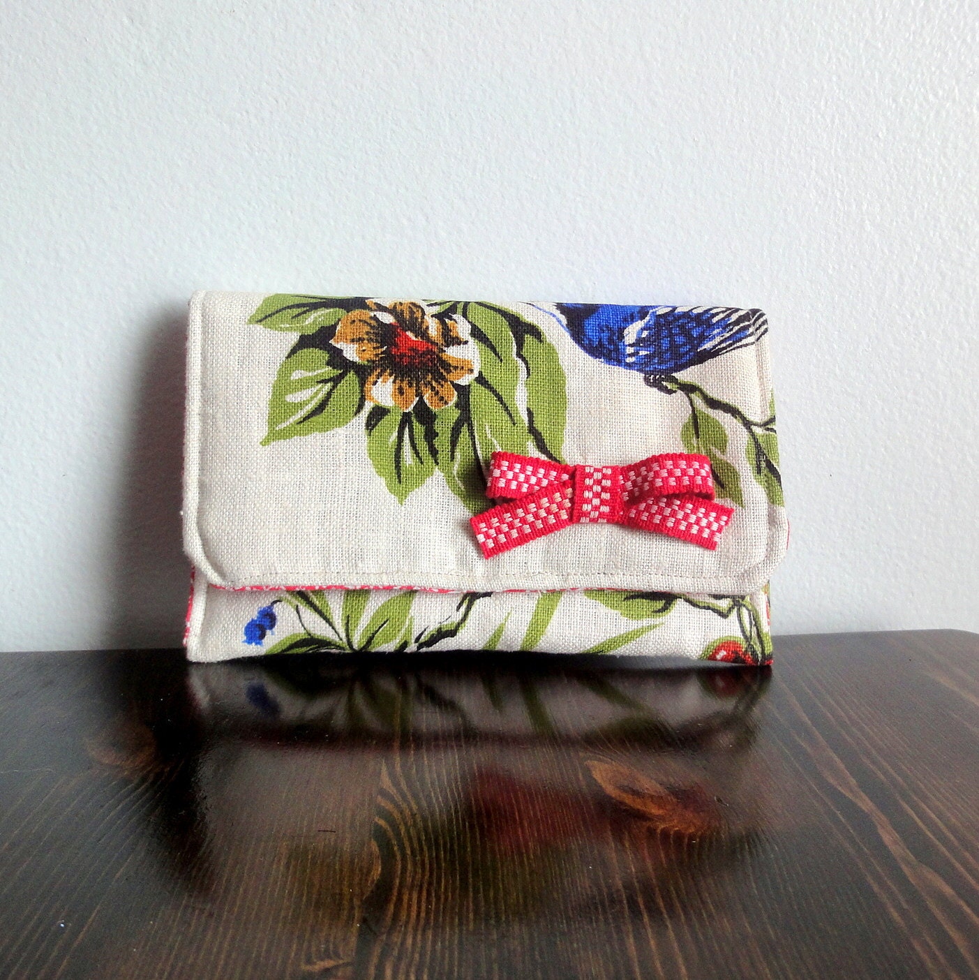 Upcycled Bird Clutch, Vintage Calendar Towel, Eco friendly Pouch