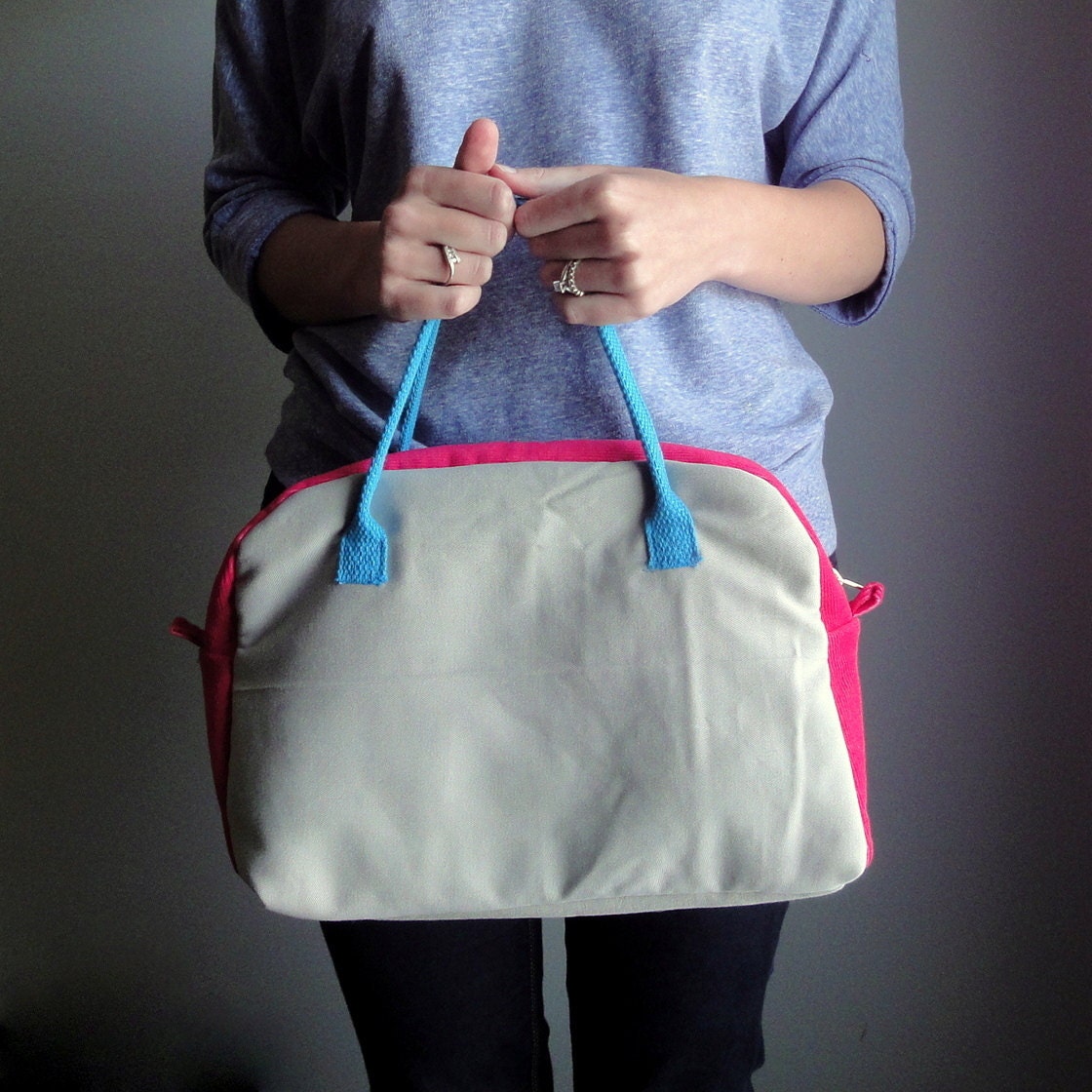 Upcycled Neon Purse, Colorblock Bright Handbag, Medium Bowling Bag Purse