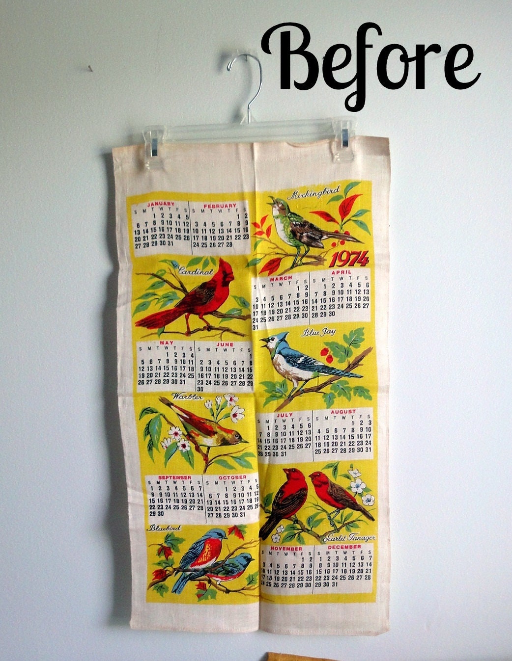 Upcycled Bird Clutch, Vintage Calendar Towel, Eco friendly Pouch