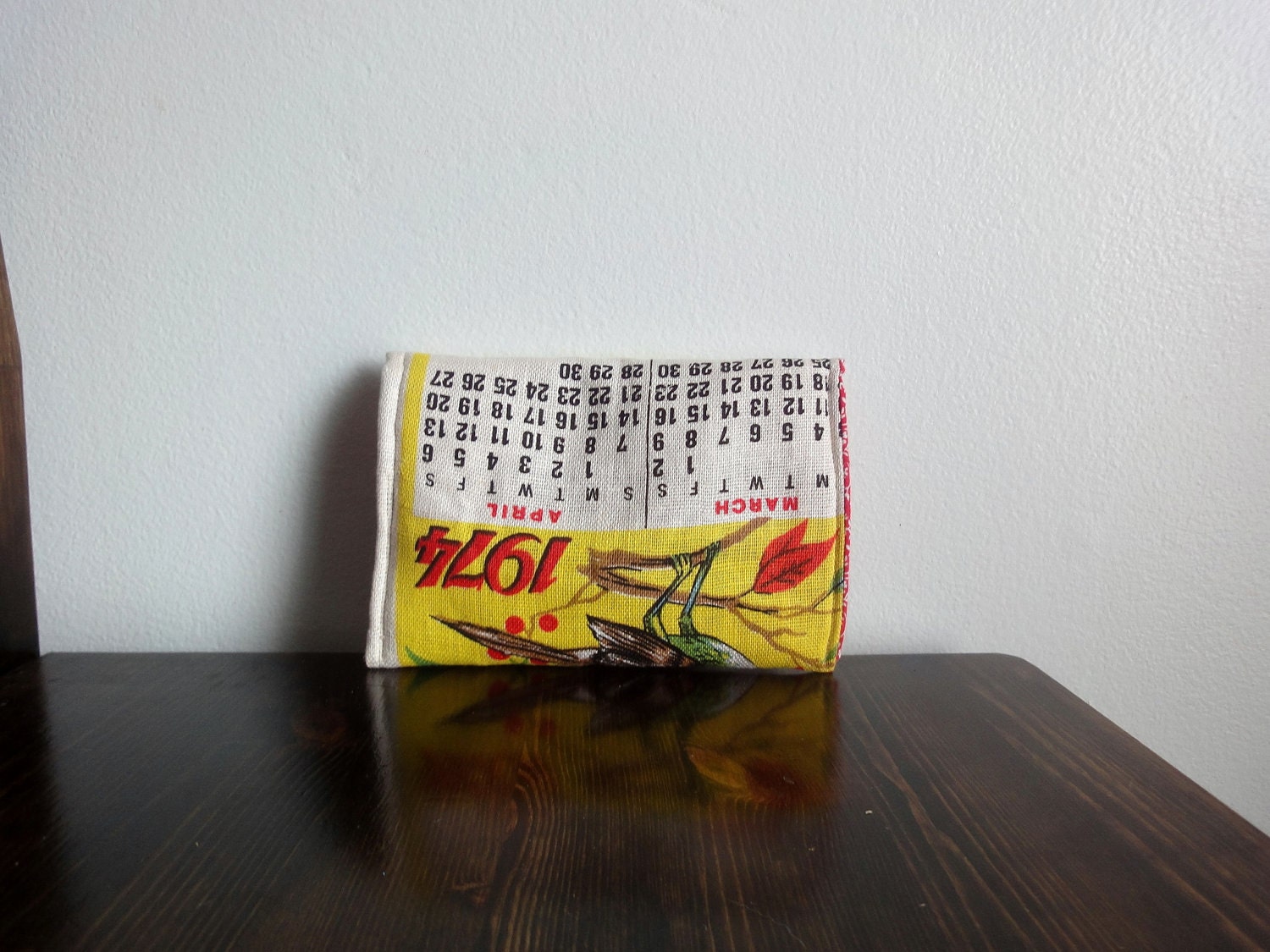 Upcycled Bird Clutch, Vintage Calendar Towel, Eco friendly Pouch