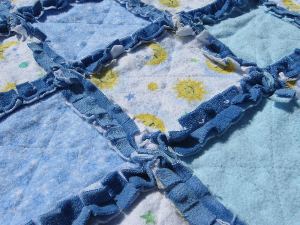 Mini Quilt Security Blanket Baby Blue Stars 16x16 in 40.6x40.6cm READY TO SHIP - FrayedFuzzies