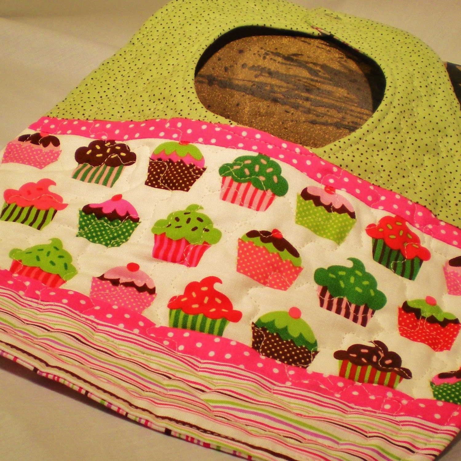 Quilted and Reversible Cupcake Parade Baby Bib