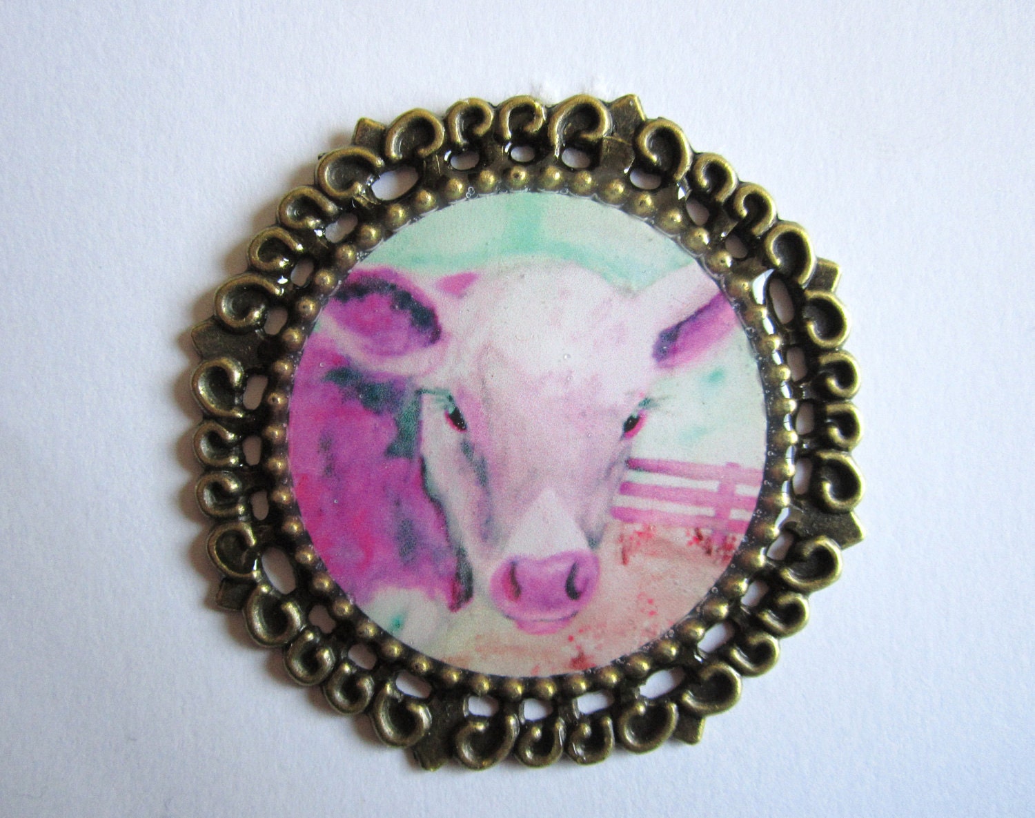 Pink Cow  Calf  Magnet  Antique Bronze Round Art
