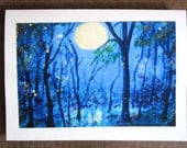 Abstract Blue Moon with Fireflies Blank Greeting Cards